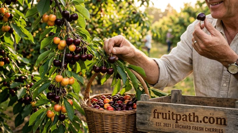 Gardener checking cherry ripeness by tasting cherries directly from the tree before harvest.