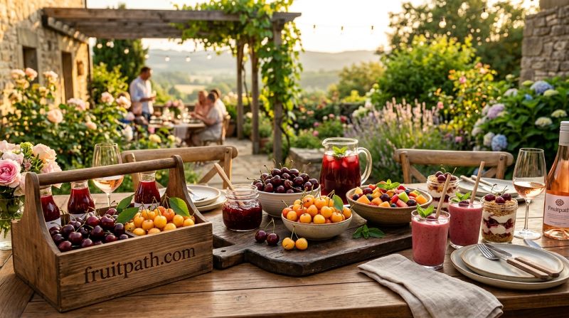 Fresh sweet cherries, tart cherry recipes, and bush cherry compote displayed on a gourmet serving table.