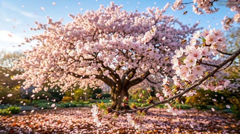 Cherry tree bloom stage showing pink and white cherry blossoms in full bloom before fruit development begins.