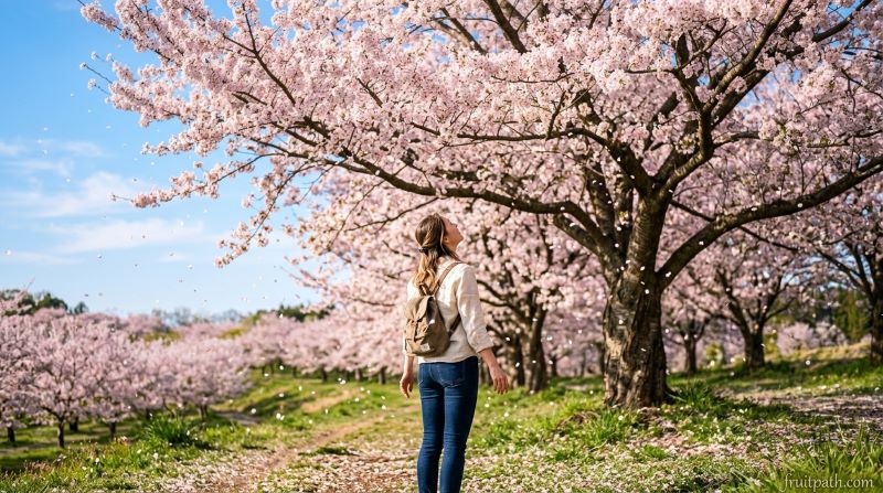How cherry trees bloom before fruiting with pink and white blossoms covering a cherry tree during the short spring bloom season.