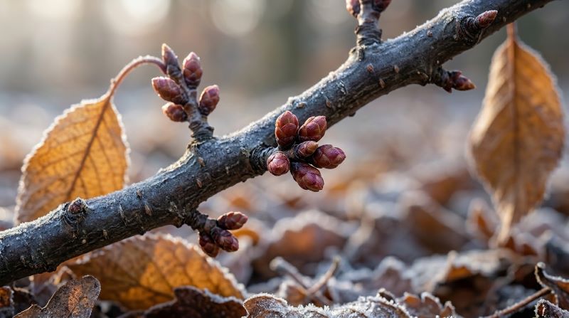 Cherry tree bud formation stage showing dormant flower buds developing on bare branches before spring bloom.