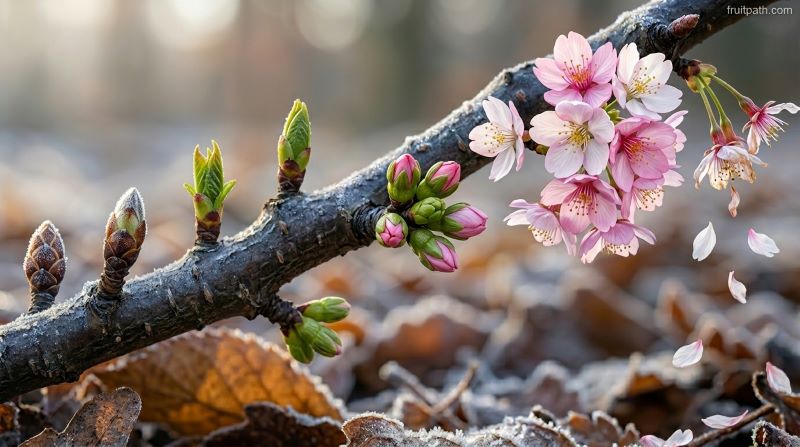 Cherry tree bud stages step by step from dormant bud and green tip to full bloom and petal fall.