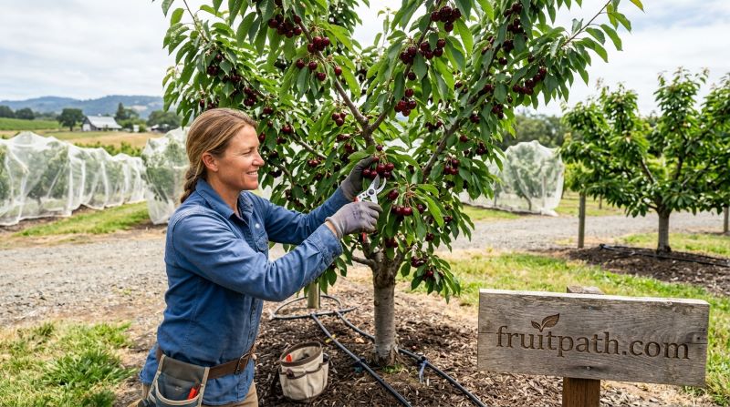 Cherry tree care guide showing planting, pruning, watering, fertilizing, and common pest and disease management