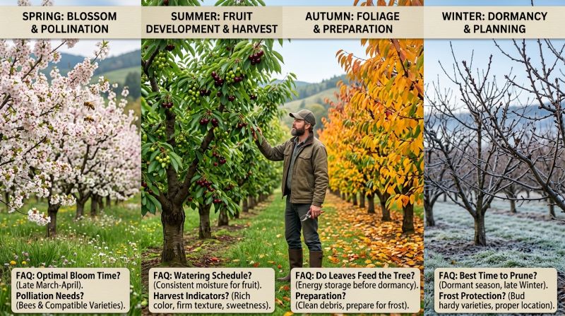 Frequently asked questions about cherry trees showing bloom, fruit development, seasonal changes, and reasons for no fruit production.