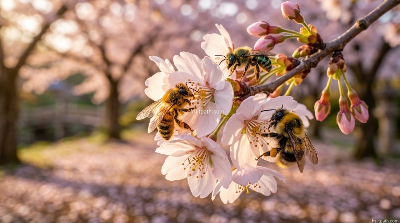 Cherry tree pollination stage showing honey bees transferring pollen between cherry blossoms for fruit production.