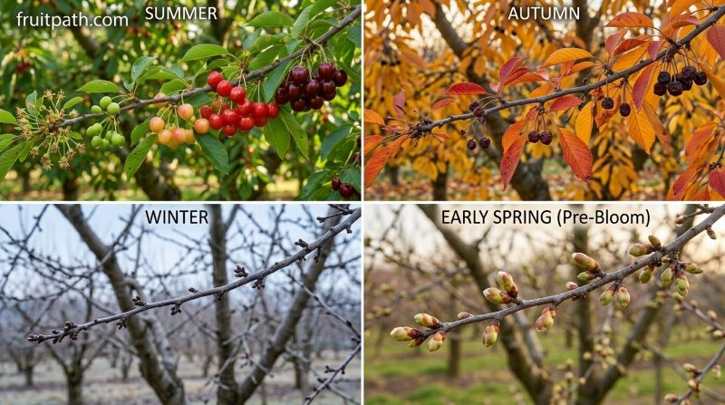 Cherry blossoms when not in bloom showing seasonal changes from green leaves and fruit to autumn colors, winter dormancy, and early spring buds.