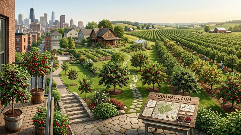 Guide showing the best cherry tree varieties based on available garden space from small patios to large orchards.