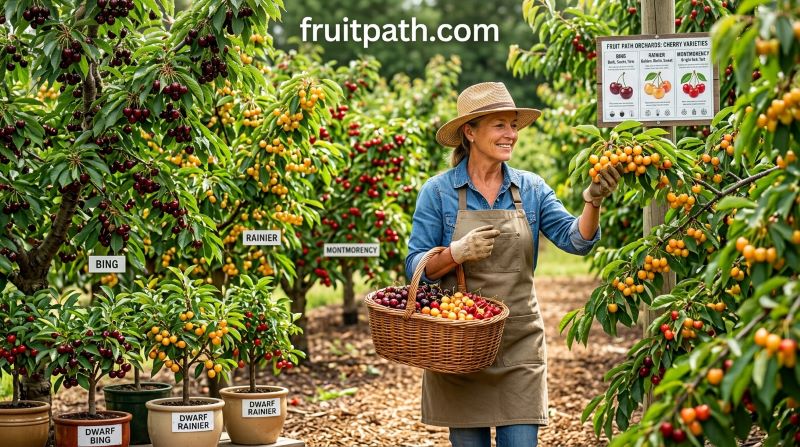 Cherry varieties guide featuring sweet and tart cherry varieties including Bing, Rainier, Montmorency, and dwarf cherry trees.