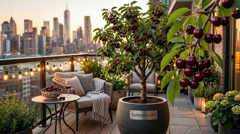 Compact Stella genetic dwarf cherry tree growing in a patio container loaded with dark red cherries.