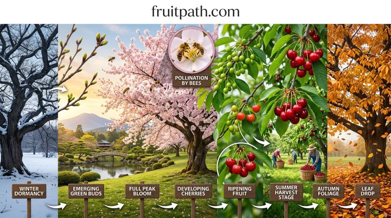 Complete life cycle of a cherry blossom tree showing dormancy, bud swell, full bloom, pollination, fruit development, harvest, and leaf drop.