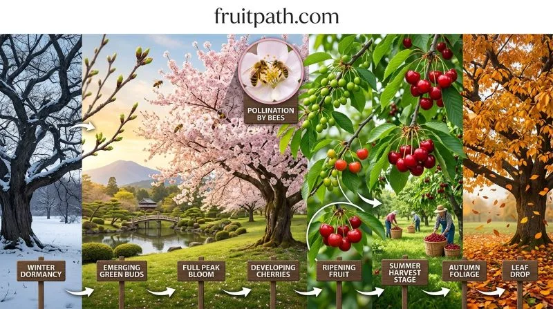 Complete life cycle of a cherry blossom tree showing dormancy, bud swell, full bloom, pollination, fruit development, harvest, and leaf drop.