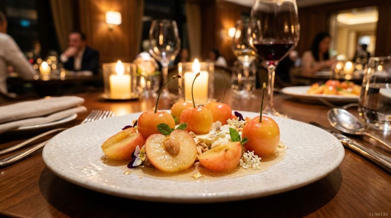 Coral Champagne cherries with light yellow-orange skin and pink blush served on an elegant dessert plate.