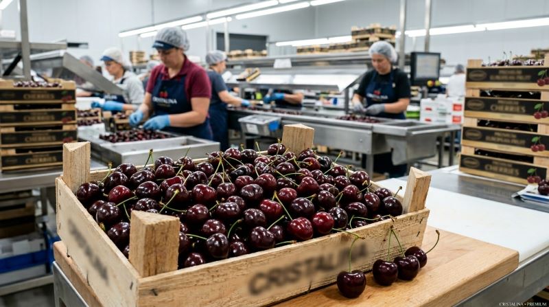 Large dark mahogany Cristalina cherries packed in a premium export crate for gourmet markets.