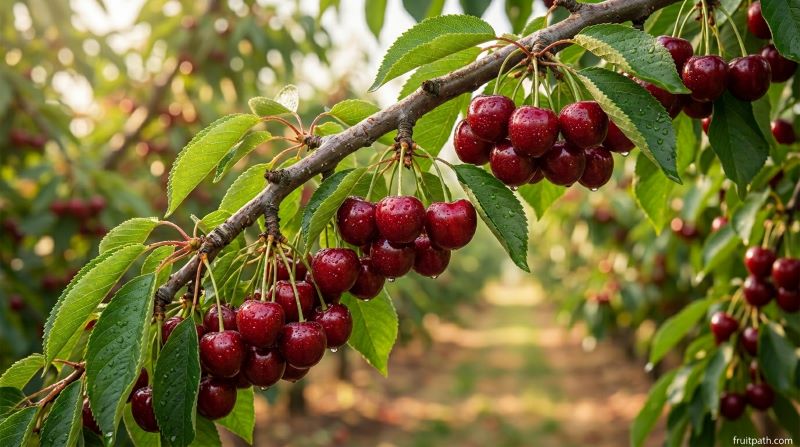 Large dark red Earlise cherries growing on a branch with dew in a sunlit orchard.