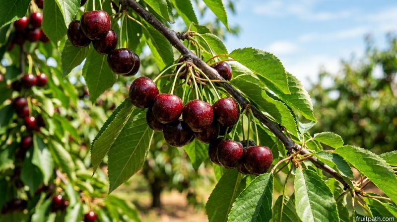 Early Robin cherries on a tree branch, dark red to black ripe fruit growing in a sunny orchard.