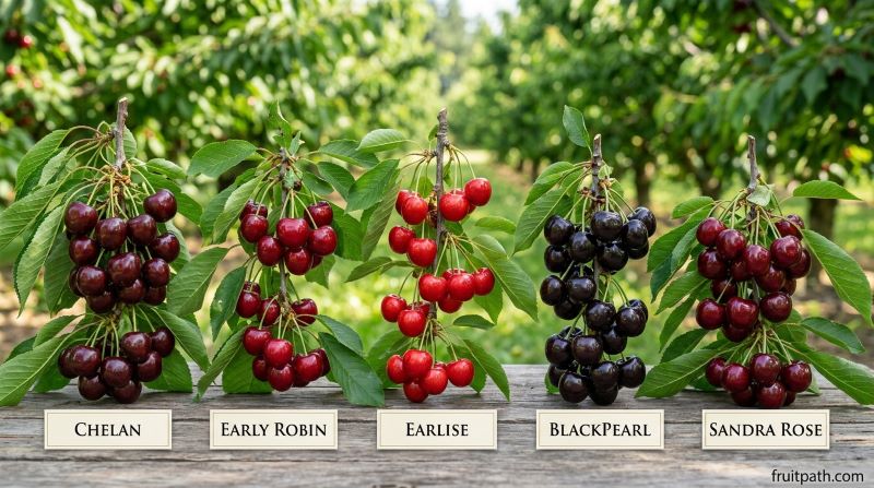 Early-season sweet cherry varieties including Chelan, Early Robin, Earlise, BlackPearl, and Sandra Rose displayed together for comparison.