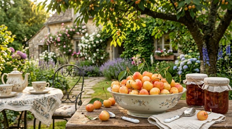 Emperor Francis cherries with golden-yellow skin and soft red blush displayed on an elegant garden table.