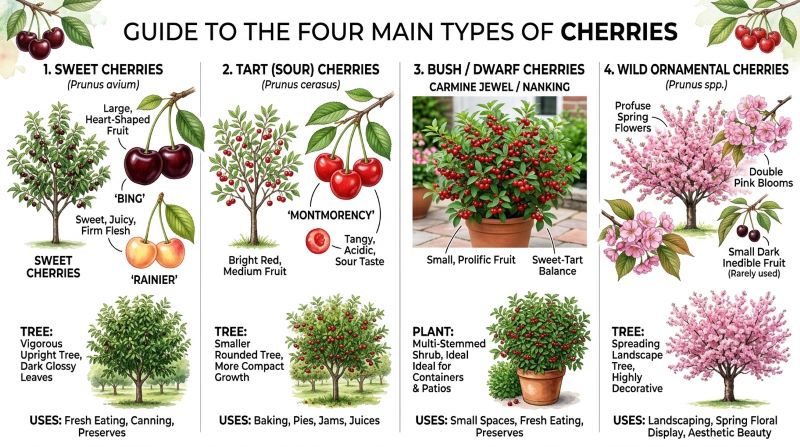 Four main types of cherries including sweet cherries, tart cherries, bush dwarf cherries, and wild ornamental cherry trees.