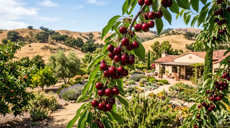 Glacier cherries with dark red fruit growing in a sunny warm-climate orchard under clear blue skies.