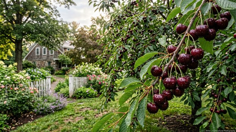 Large dark red Hartland cherries growing in a lush backyard garden after summer rain