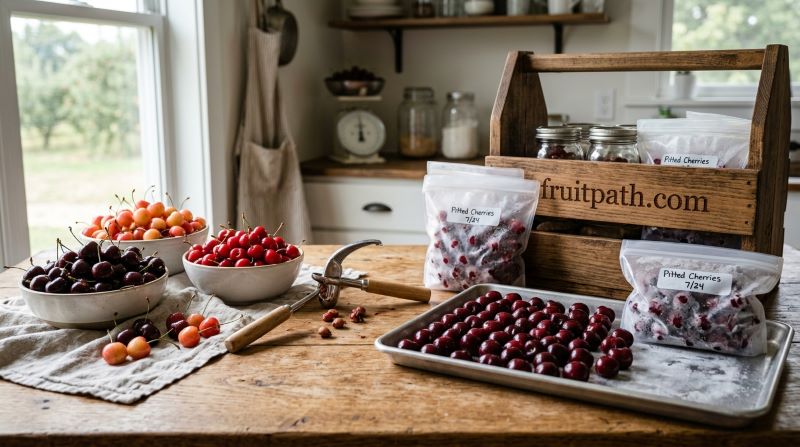 Fresh cherries being prepared for refrigeration and freezing for long-term storage.