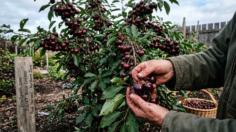 Juliet bush cherries with large dark red fruit growing on a multi-stem shrub in a cold-climate garden