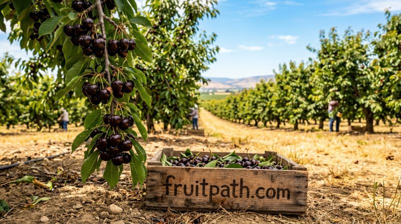 Large dark red to black Lambert cherries growing in a dry climate orchard under clear sunny skies.