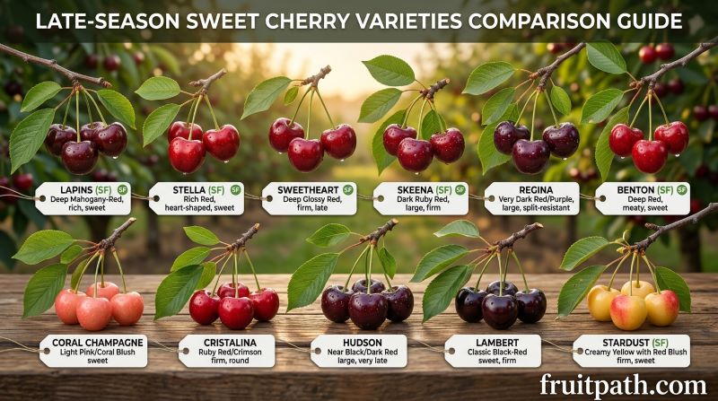 Late-season sweet cherry varieties including Lapins, Stella, Sweetheart, Skeena, Regina, Benton, Coral Champagne, Cristalina, Hudson, Lambert, and Stardust.