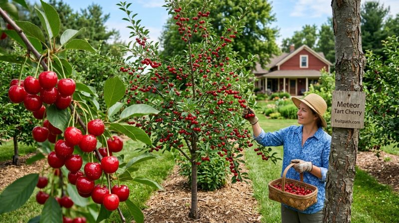 Bright red Meteor tart cherries growing on a semi-dwarf tree in a compact home orchard.