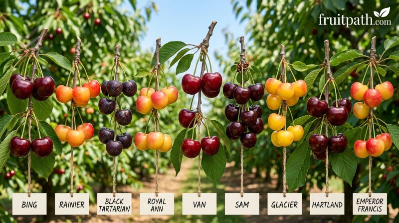 Mid-season sweet cherry varieties including Bing, Rainier, Black Tartarian, Royal Ann, Van, Sam, Glacier, Hartland, and Emperor Francis