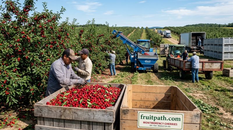 Bright red Montmorency tart cherries being harvested in a commercial orchard for juice and processing.