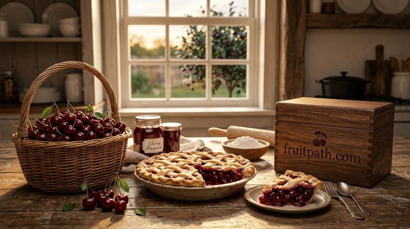 North Star tart cherries with deep dark red fruit beside a freshly baked cherry pie in a cozy farmhouse kitchen.