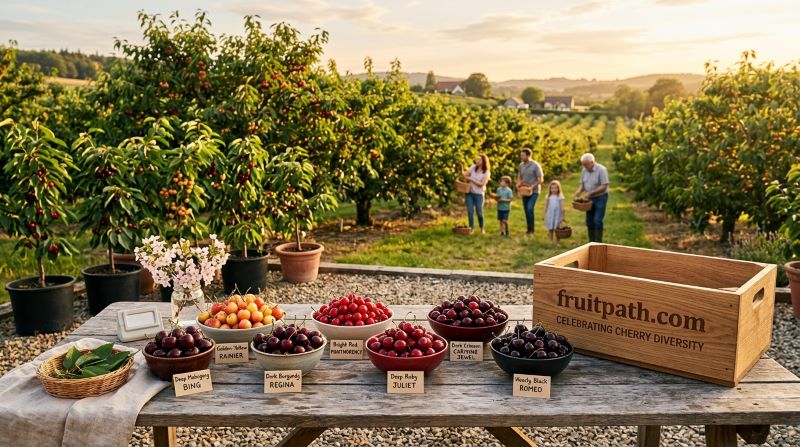 Collection of sweet, tart, dwarf, and bush cherry varieties representing the perfect cherry choice for every gardener.