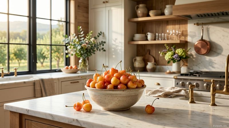 Premium Rainier cherries displayed in a luxury farmhouse kitchen, showing golden-yellow fruit with a red-pink blush.