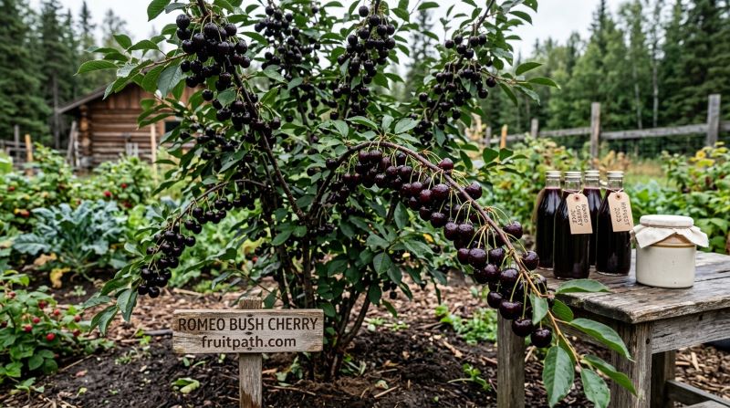 Romeo bush cherries with very dark almost black fruit growing on a multi-stem shrub used for juice and preserves.
