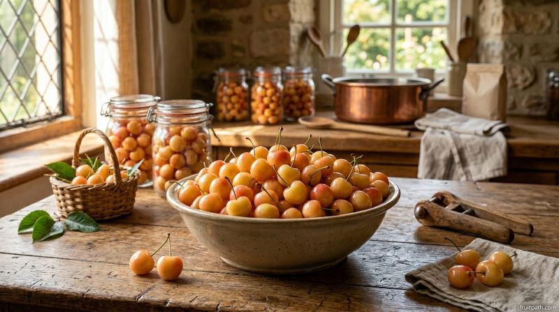 Royal Ann cherries with yellow-pink skin and red blush displayed in a vintage kitchen preserving scene