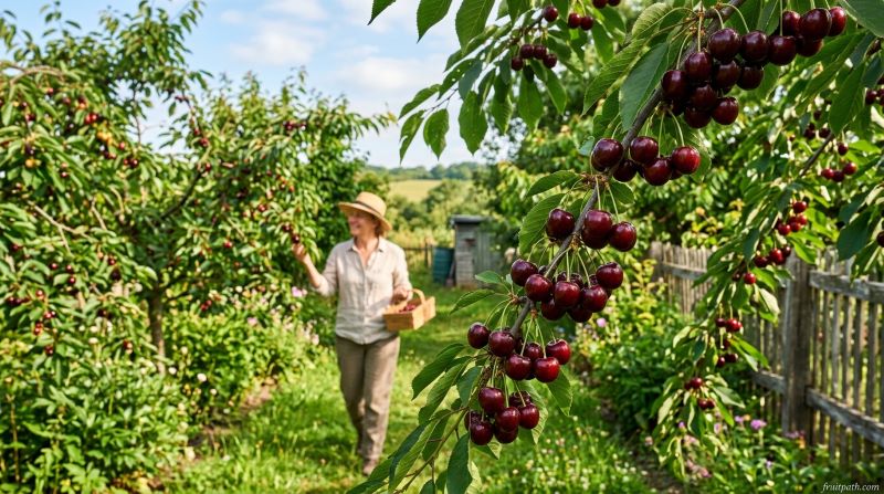 Sam cherries with dark red fruit growing in a productive backyard orchard beside other cherry trees.