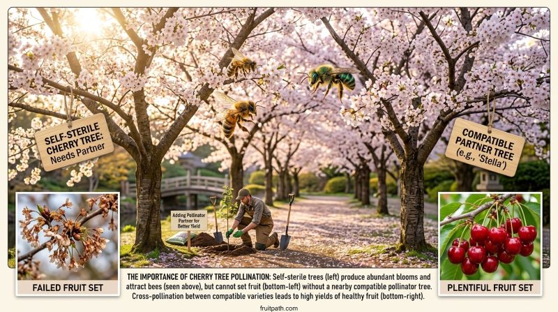Self-fertile vs self-sterile cherry trees showing pollination differences between trees that produce fruit and those needing a second compatible tree.