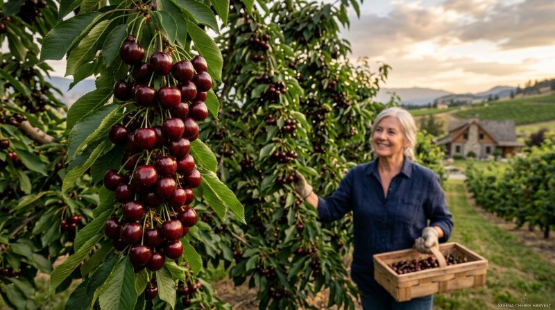 Large Skeena cherries with deep mahogany color displayed in a premium home orchard during late harvest season.