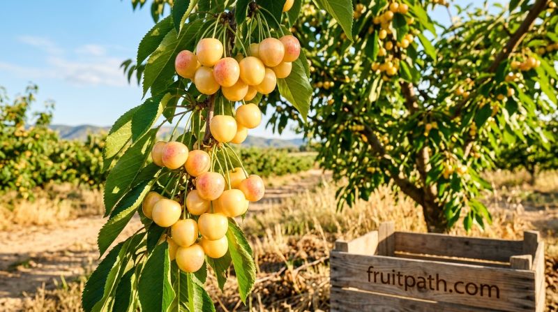 Light yellow-cream Stardust cherries with pink blush growing in a warm climate orchard under bright sunlight.
