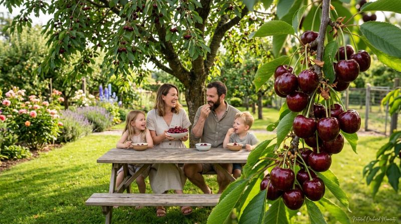 Stella cherries with dark red fruit growing in a productive backyard garden beside a beginner gardener.