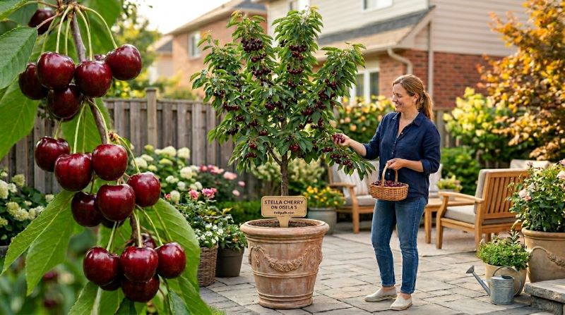 Dwarf Stella cherry tree on Gisela 5 rootstock growing in a large container on a backyard patio.