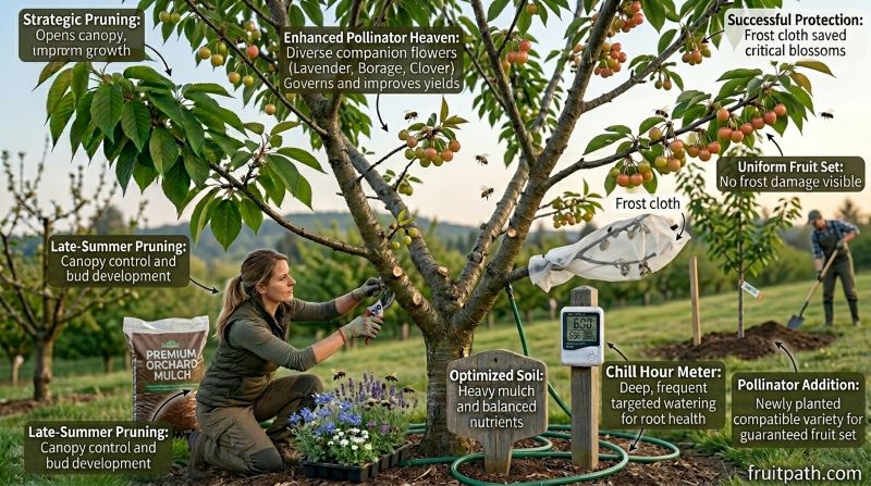 Step by step guide to improve cherry fruit production including planting, pollination support, pruning, watering, and frost protection.