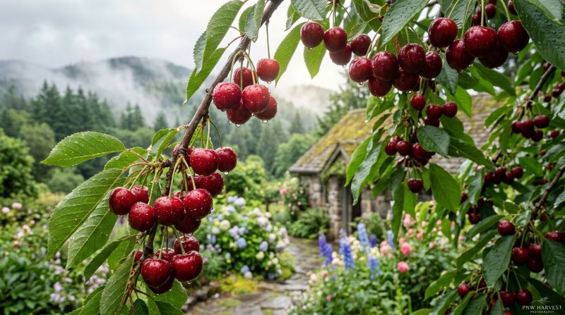 Sweetheart cherries with medium to dark red color growing on a tree after rainfall in a lush late-summer garden.