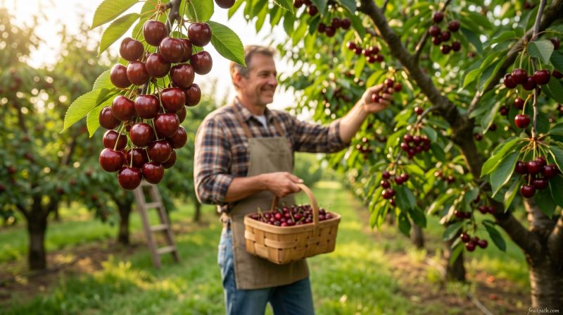 Van cherries with dark red to mahogany color growing in a productive orchard surrounded by multiple cherry varieties.