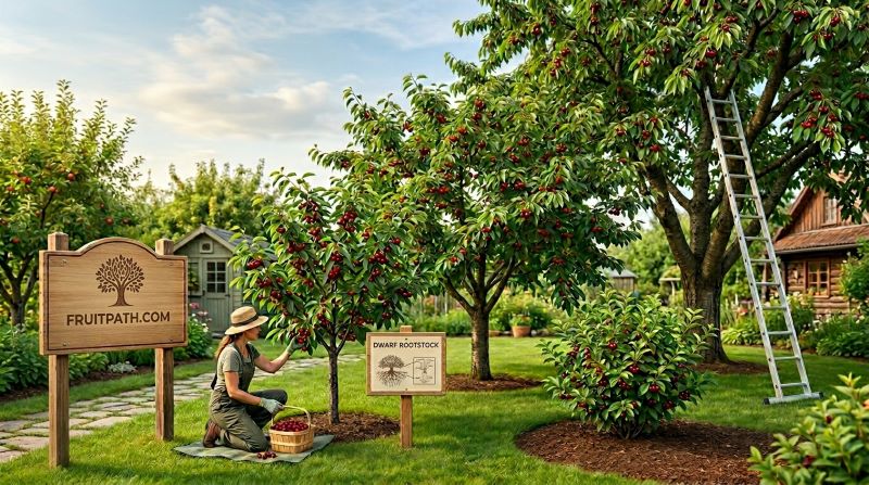 Comparison of dwarf and standard cherry trees showing the effect of rootstocks and naturally compact cherry varieties.