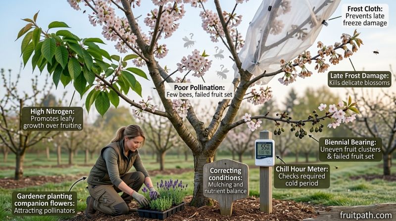 Why some cherry blossoms do not turn into fruit due to pollination issues, frost damage, chill hour deficiency, and improper care.