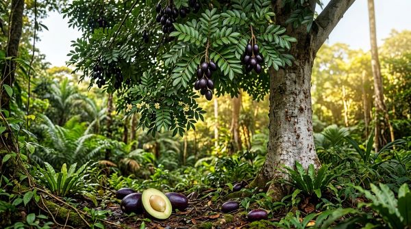 Mature African Pear Tree (Dacryodes edulis) growing in a tropical rainforest with ripe Safou fruits hanging from its branches.