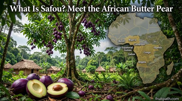 Safou (African Butter Pear) tree growing in the tropical forests of West and Central Africa with ripe purple fruits.