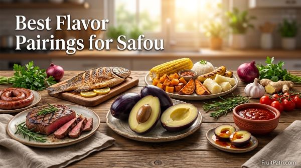 Safou (African Butter Pear) served with tomatoes, herbs, grilled meat, fish, roasted vegetables, rice, plantains, cassava, and palm oil sauce.